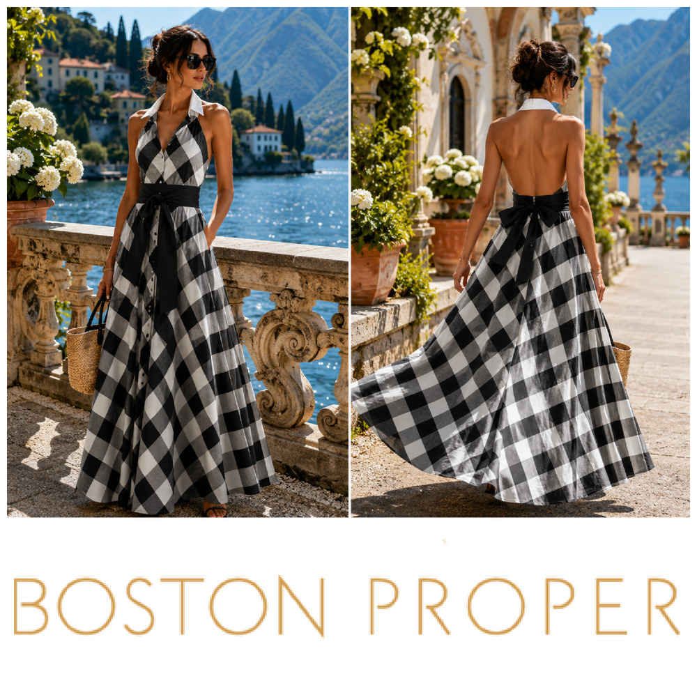 Boston Proper Sz 4 Black White Buffalo Check Halter Maxi Dress Belt Pockets NWOT